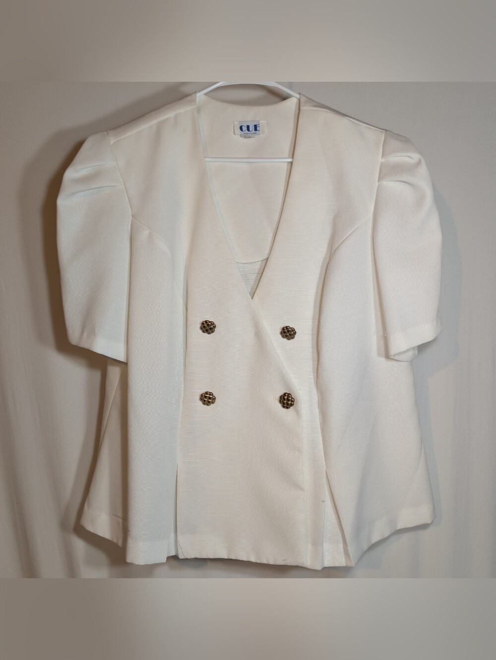 Vintage 80s Suit Top White Double-Breasted 20W Shoulder Pads 1980s Short Sleeve